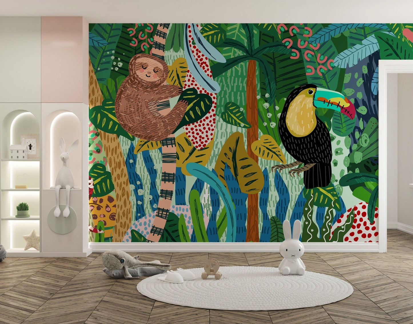 Kids playroom wall mural with wildlife sketches and a toy house.