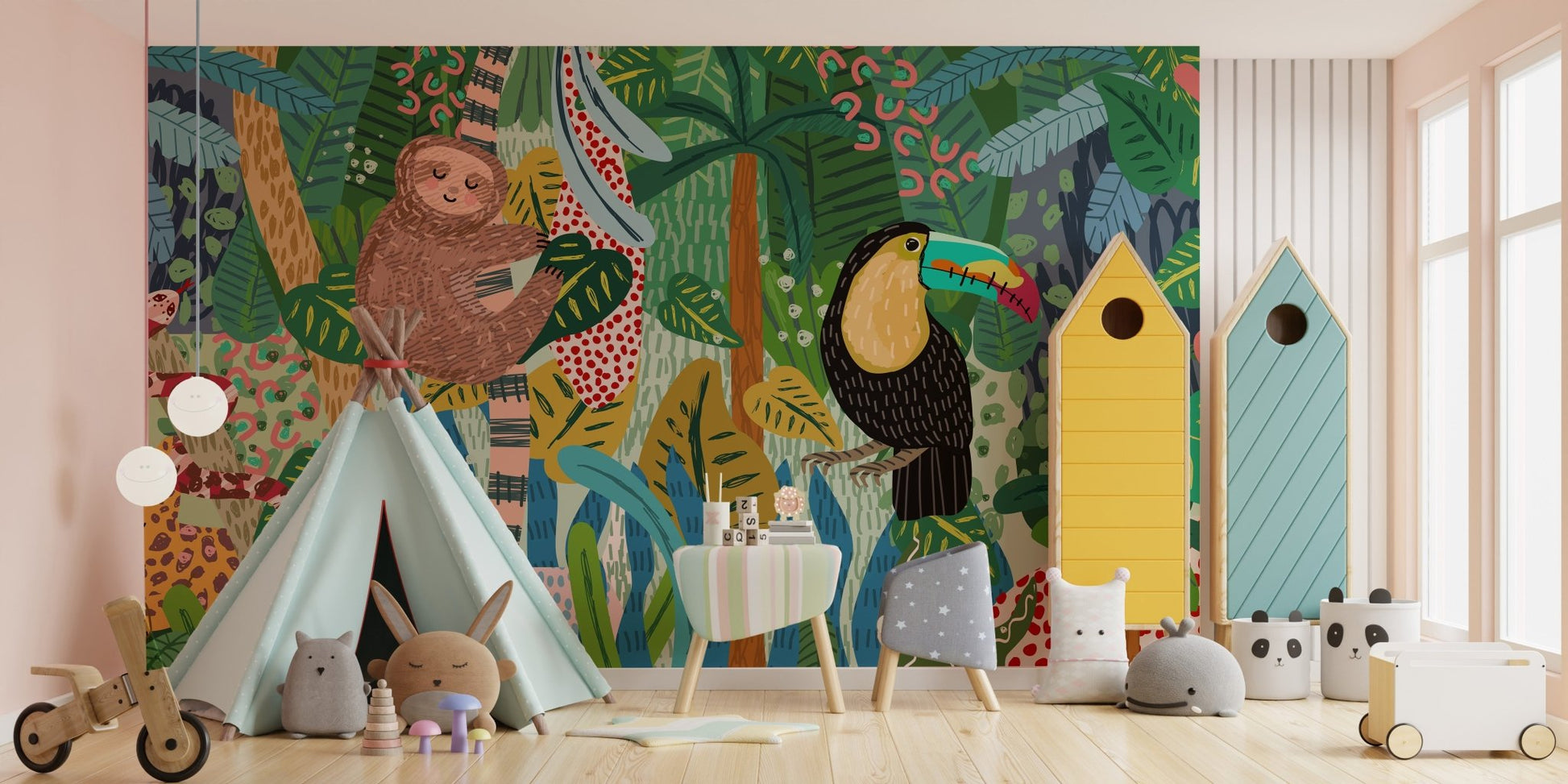 Jungle animal sketch wall mural styled with a play tent and toys in playroom.
