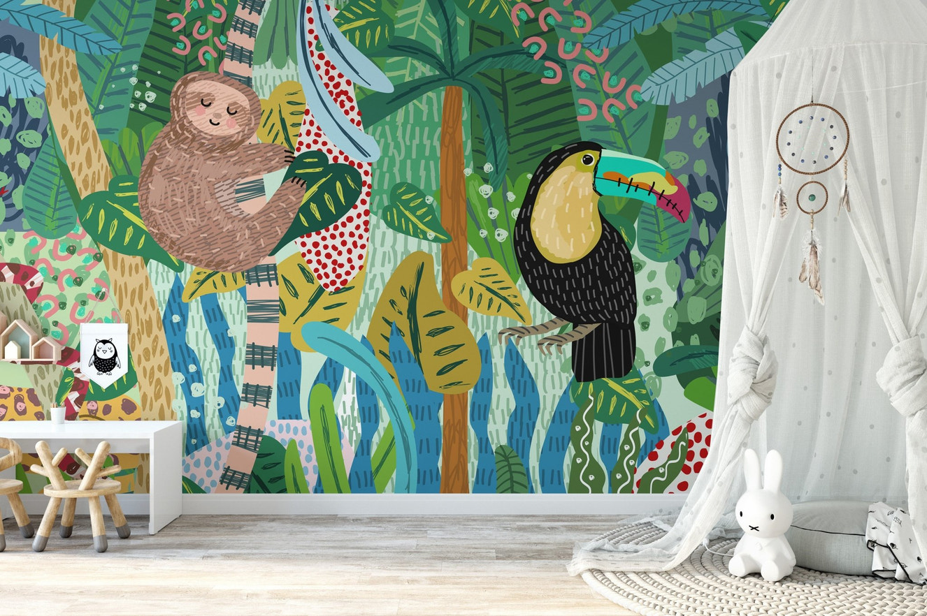 Sloth and toucan sketch wall mural in a white nursery with a canopy bed.