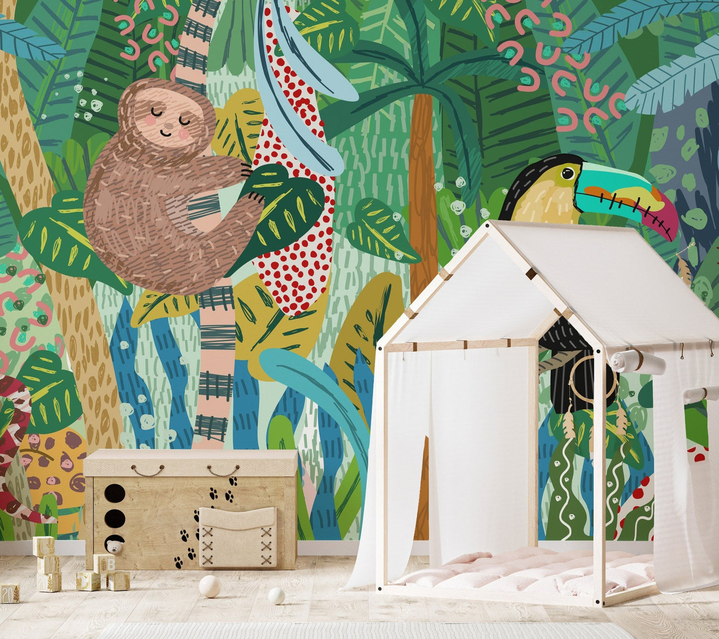 Detailed toucan and sloth sketch wall mural in a modern nursery setting.