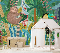 Detailed toucan and sloth sketch wall mural in a modern nursery setting.