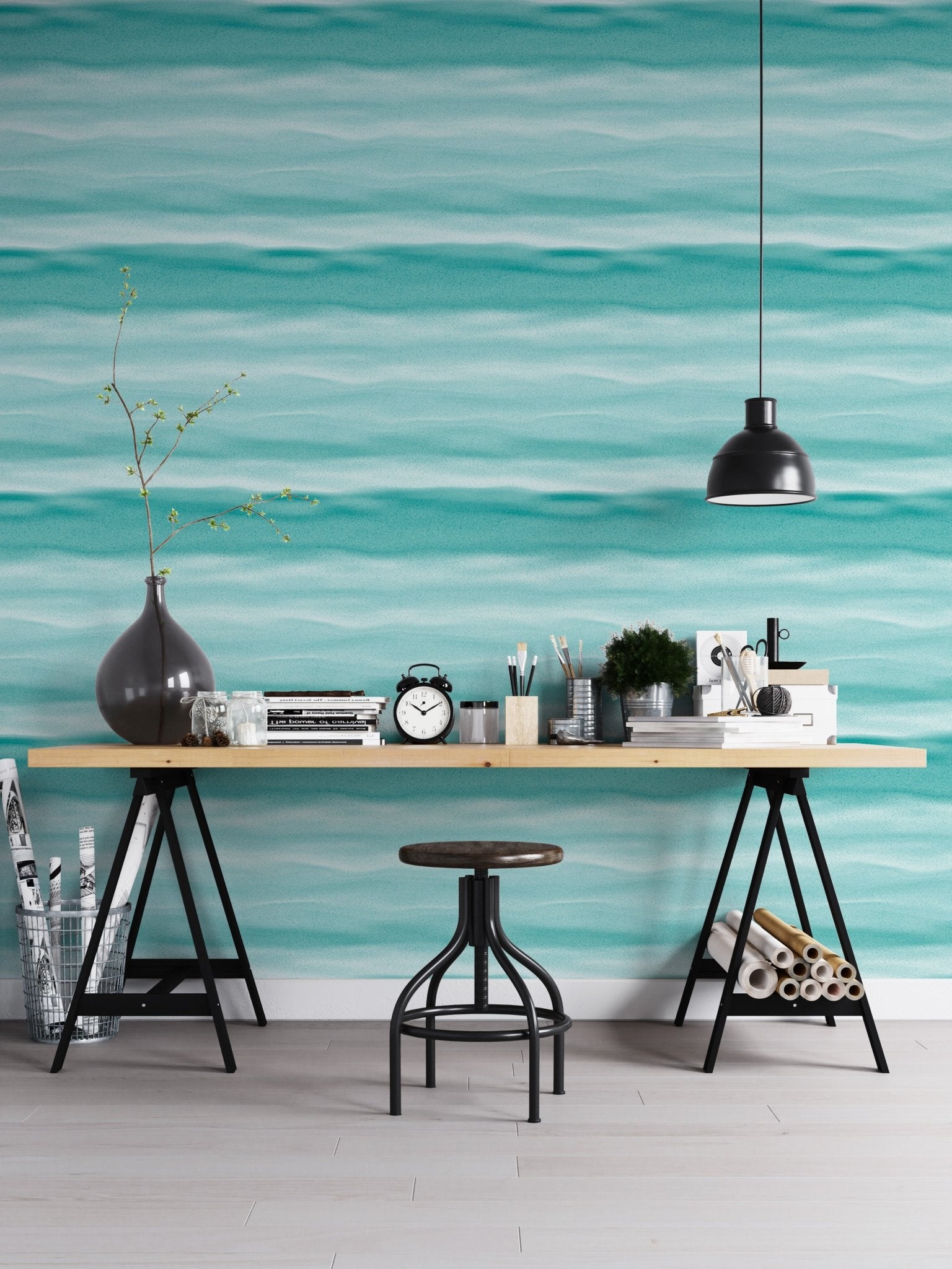 Aegean teal blue wavy stripe wallpaper in a creative workspace