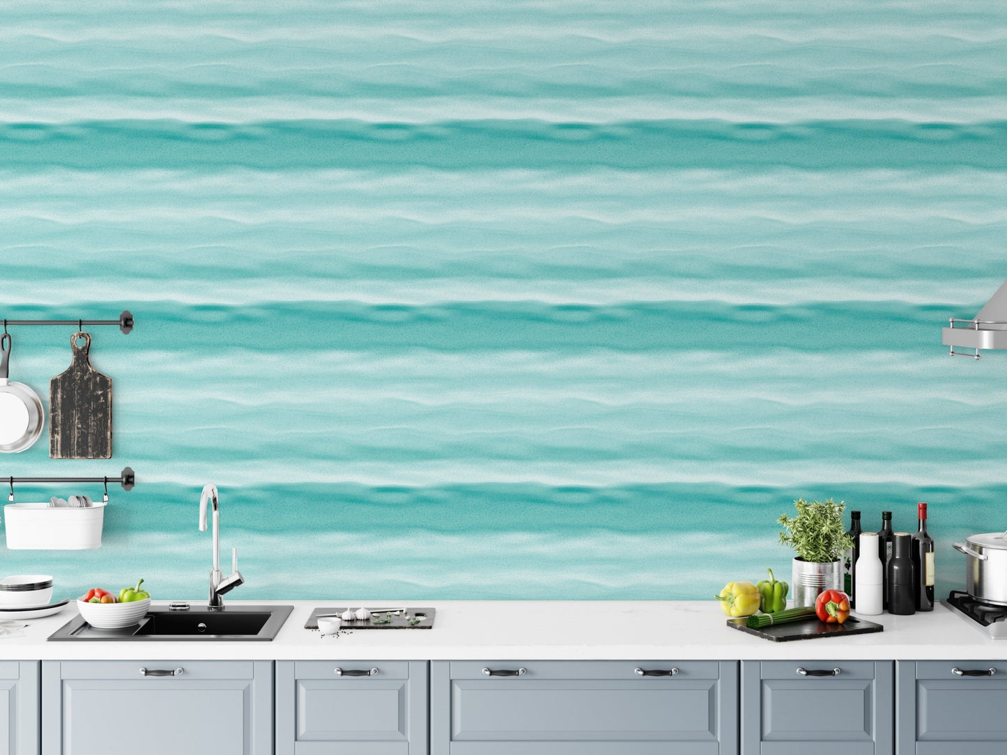 Marine texture wallpaper above a modern kitchen counter