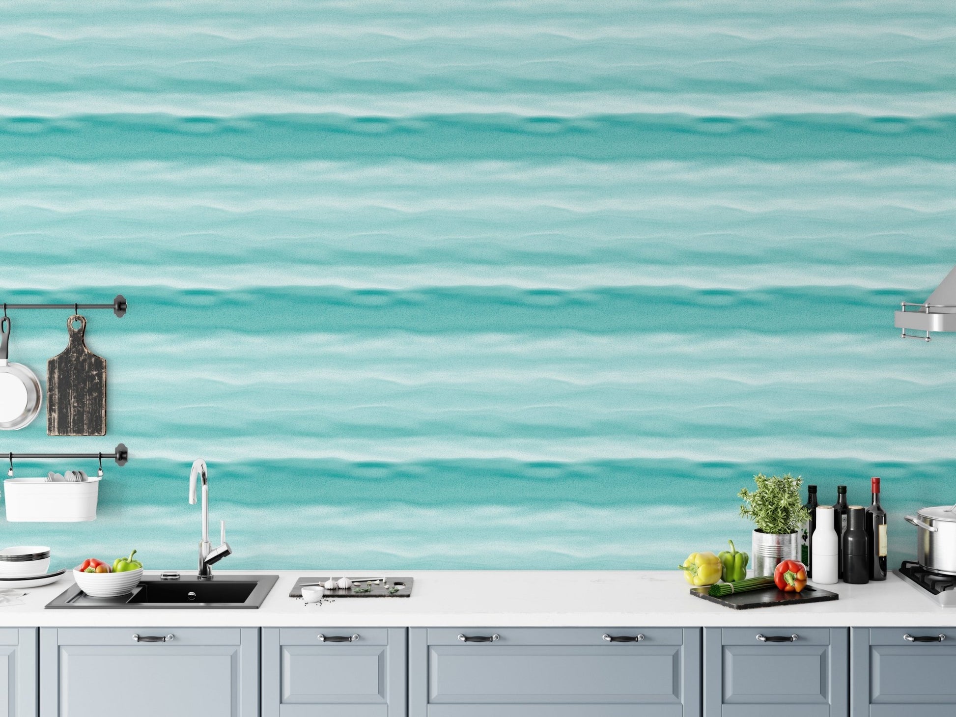 Marine texture wallpaper above a modern kitchen counter