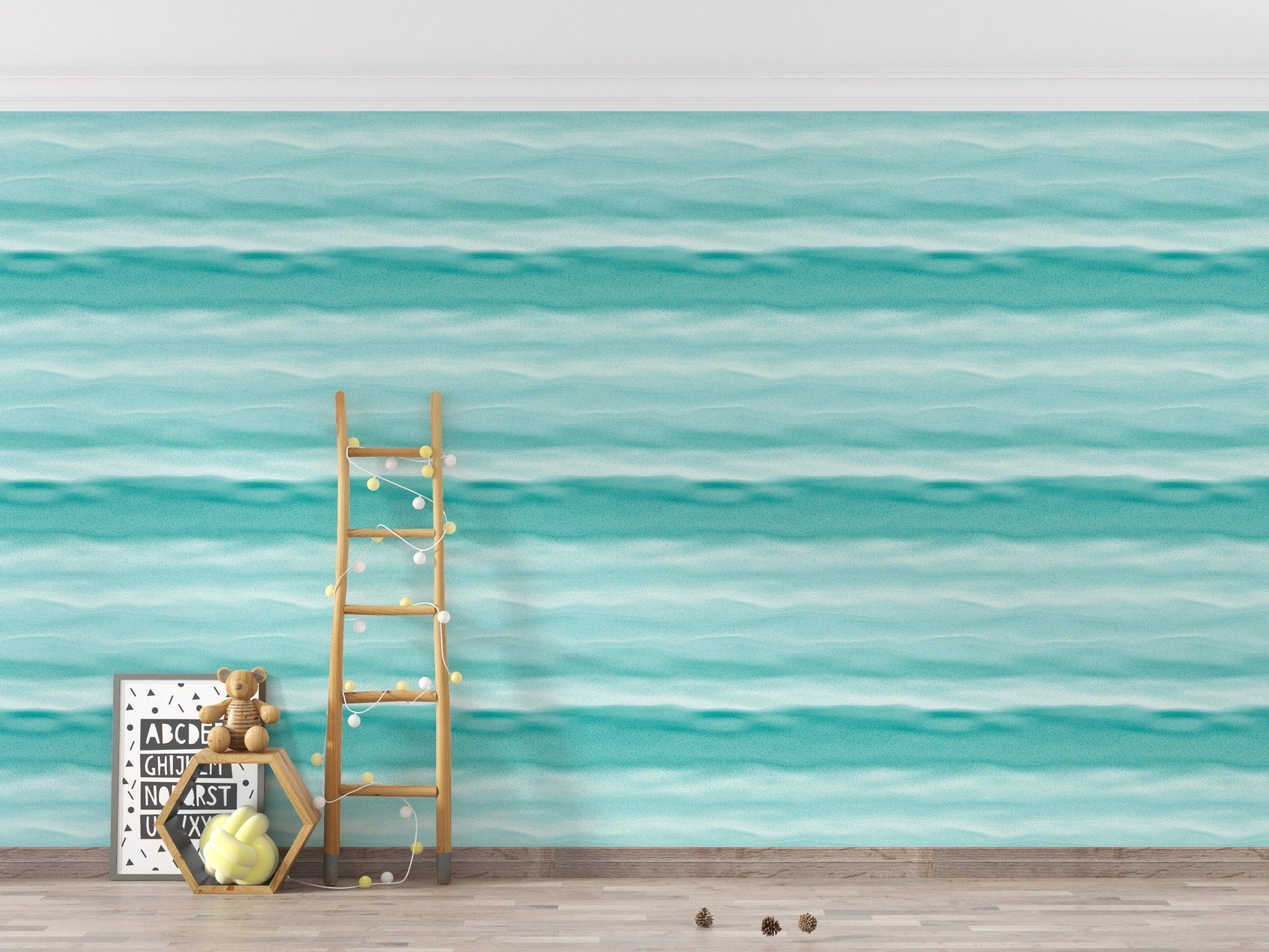 Horizontal blue stripe wallpaper in a minimalist room with a ladder