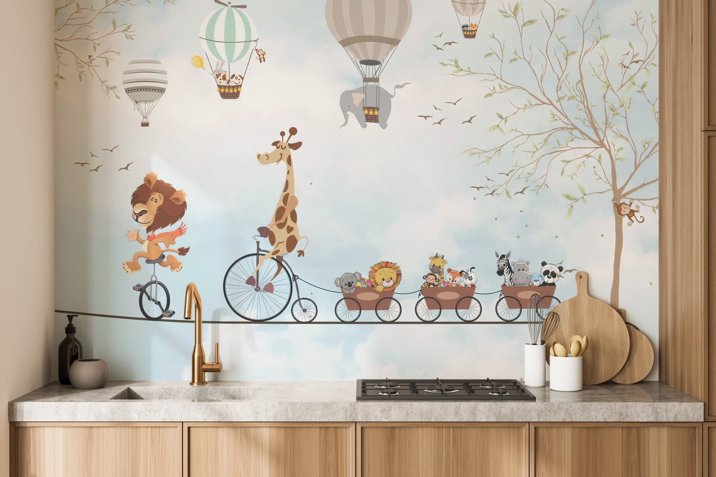 Animal parade wall mural for a kitchen backsplash area with light wood cabinets.