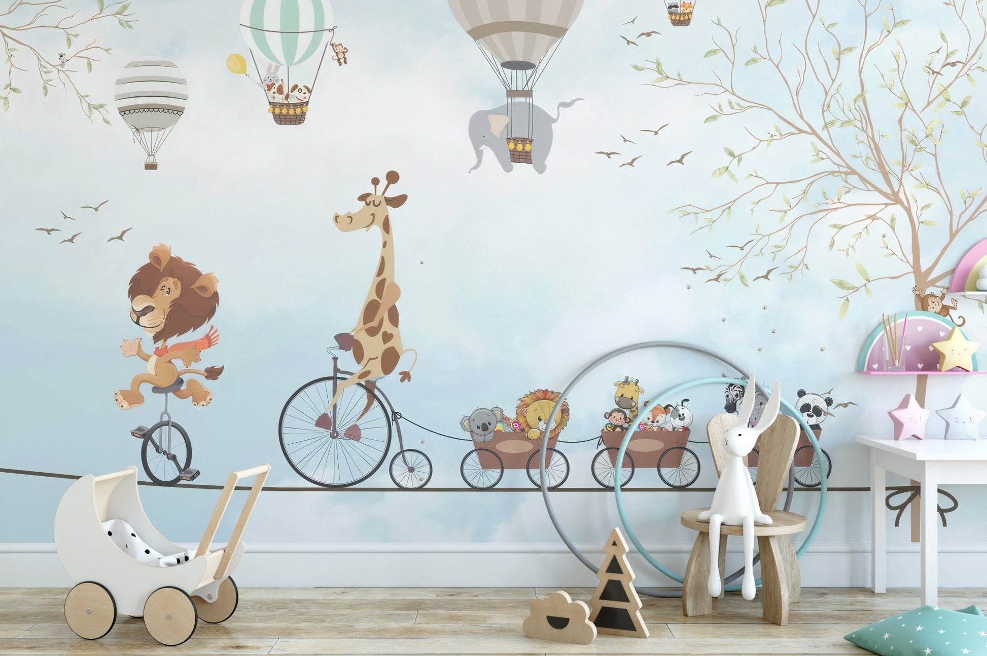 Detailed circus animal wall mural in a playroom with white wooden toy storage.