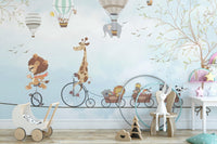 Detailed circus animal wall mural in a playroom with white wooden toy storage.