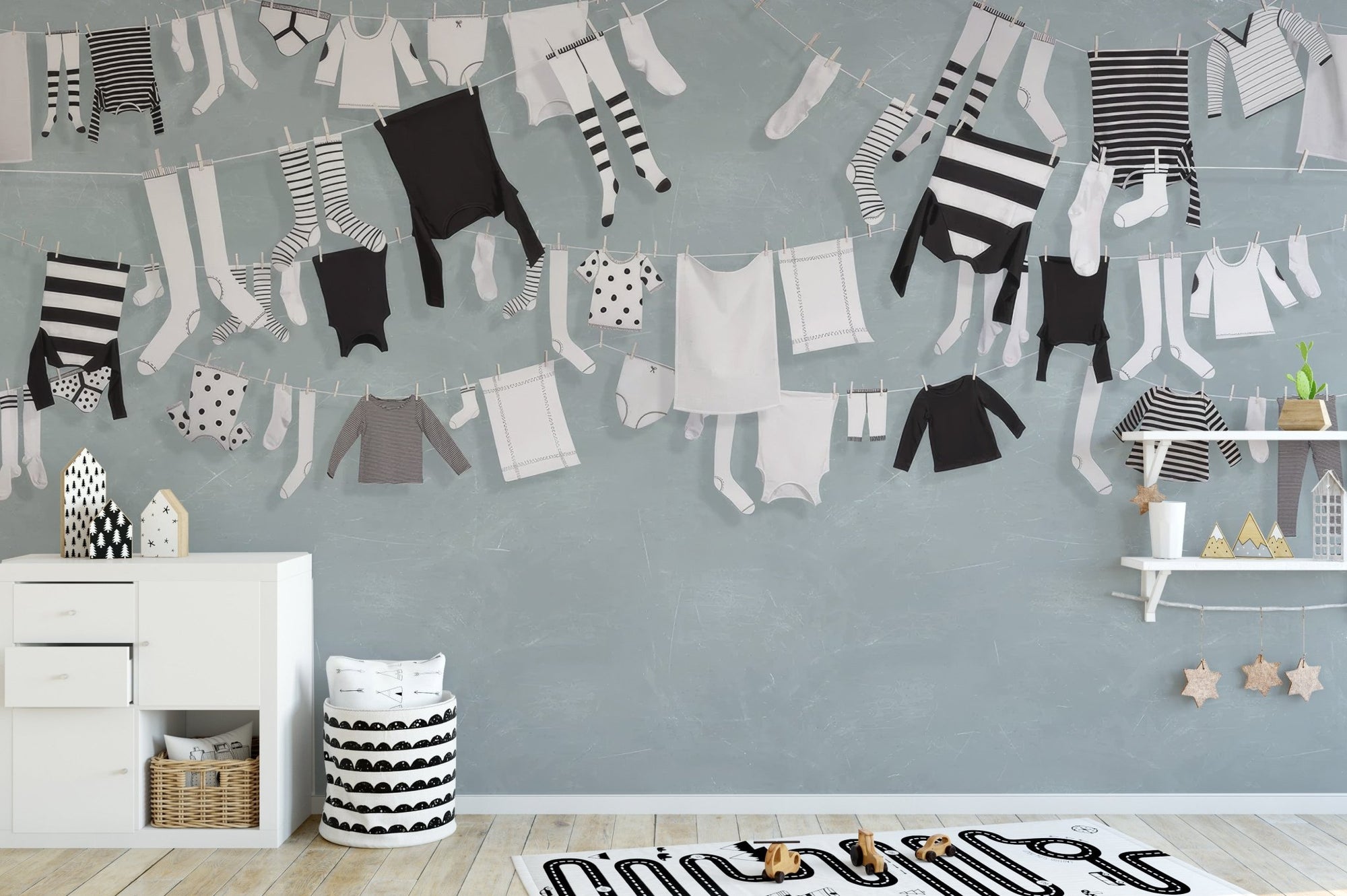 Aesthetic baby clothing wall mural black white nursery wallpaper.