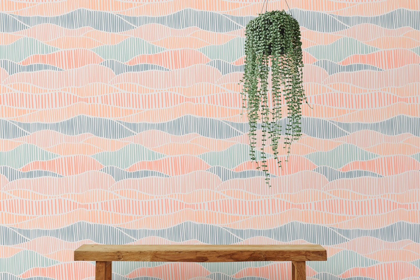 Aesthetic Boho Hand Drawn Wallpaper featuring hanging plants and a wooden bench.
