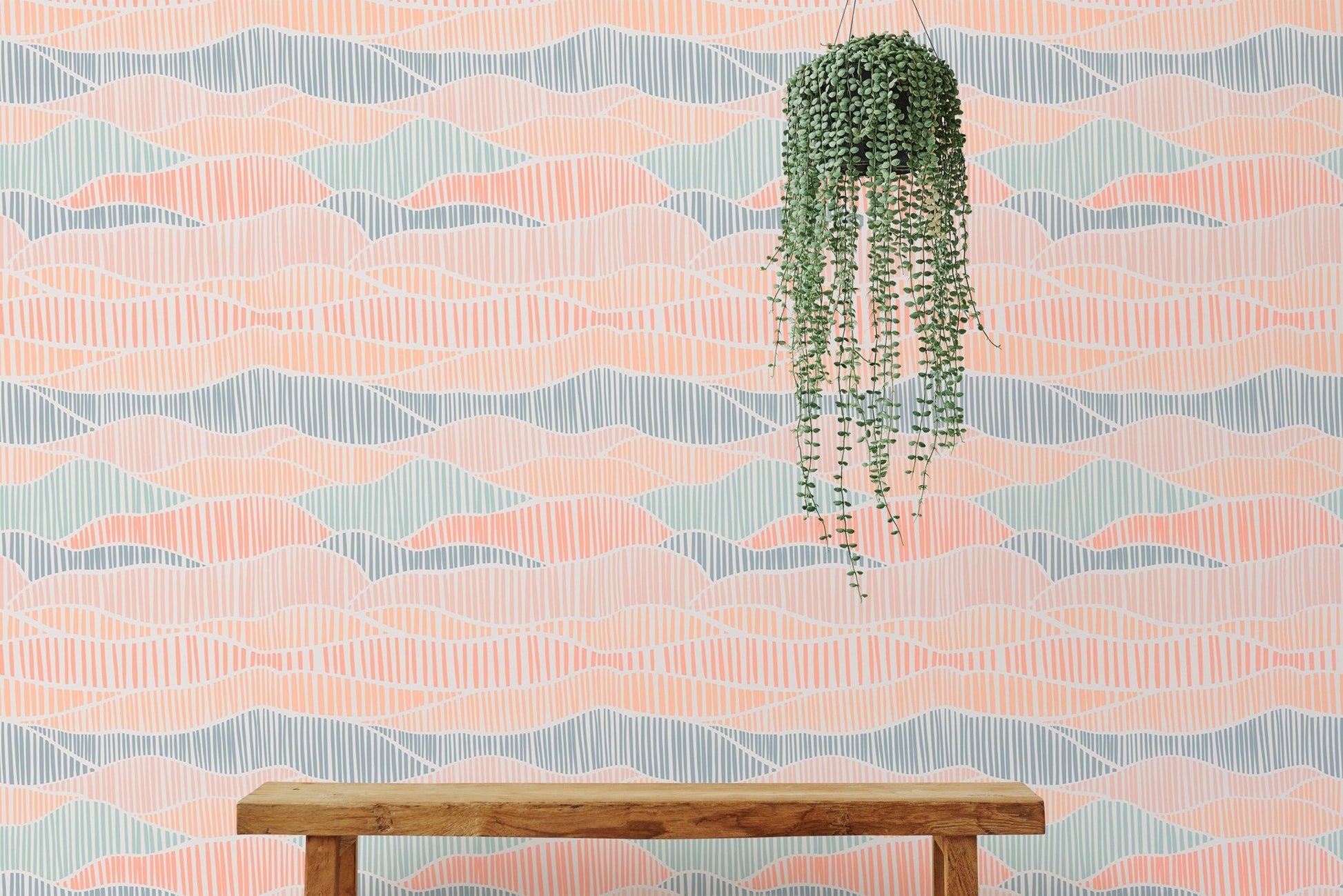 Aesthetic Boho Hand Drawn Wallpaper featuring hanging plants and a wooden bench.
