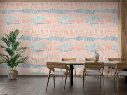 Aesthetic Boho Hand Drawn Wallpaper in a dining room with wooden chairs and plants.
