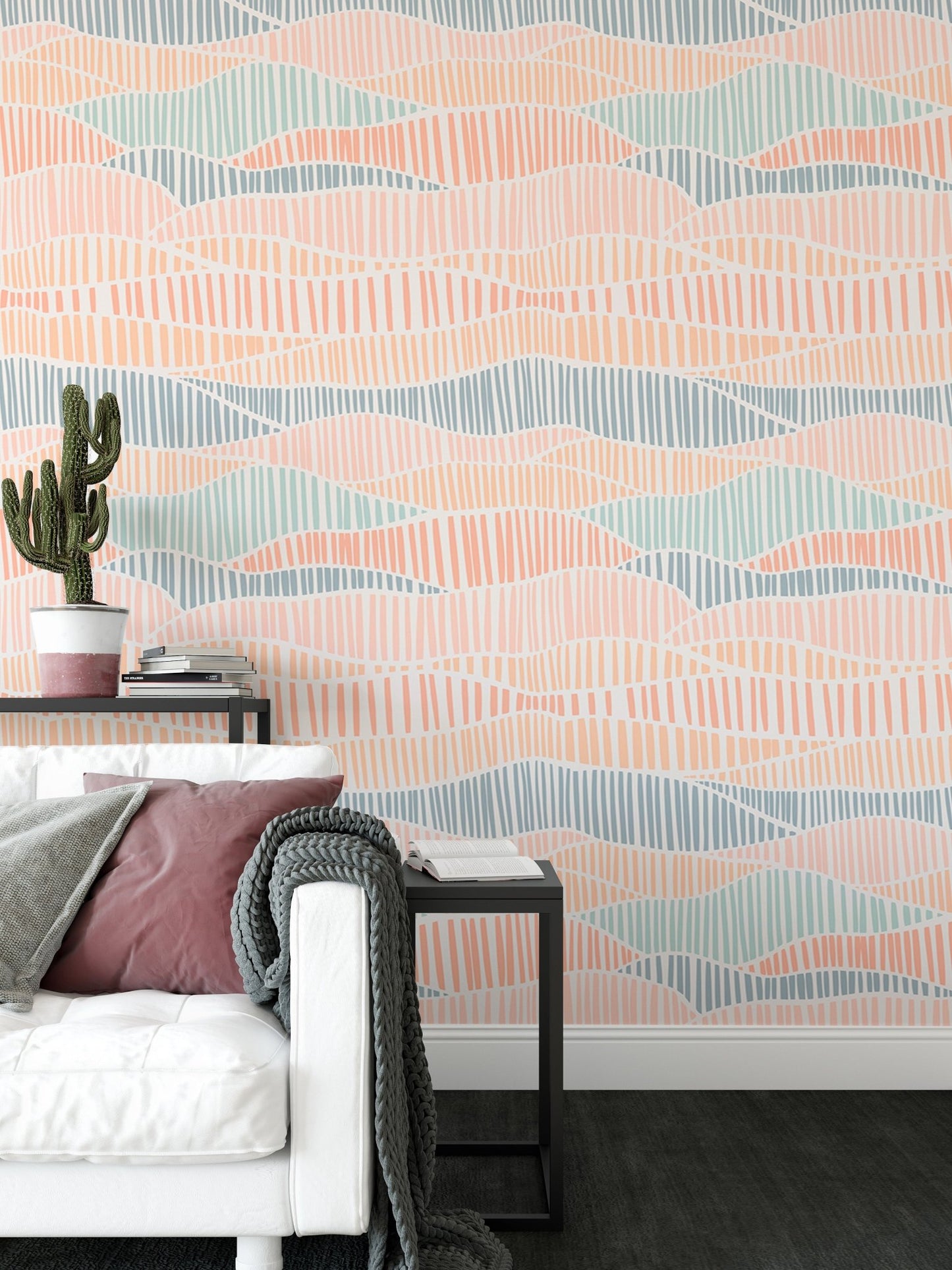 Textured boho wallpaper with wavy patterns in a contemporary living space.