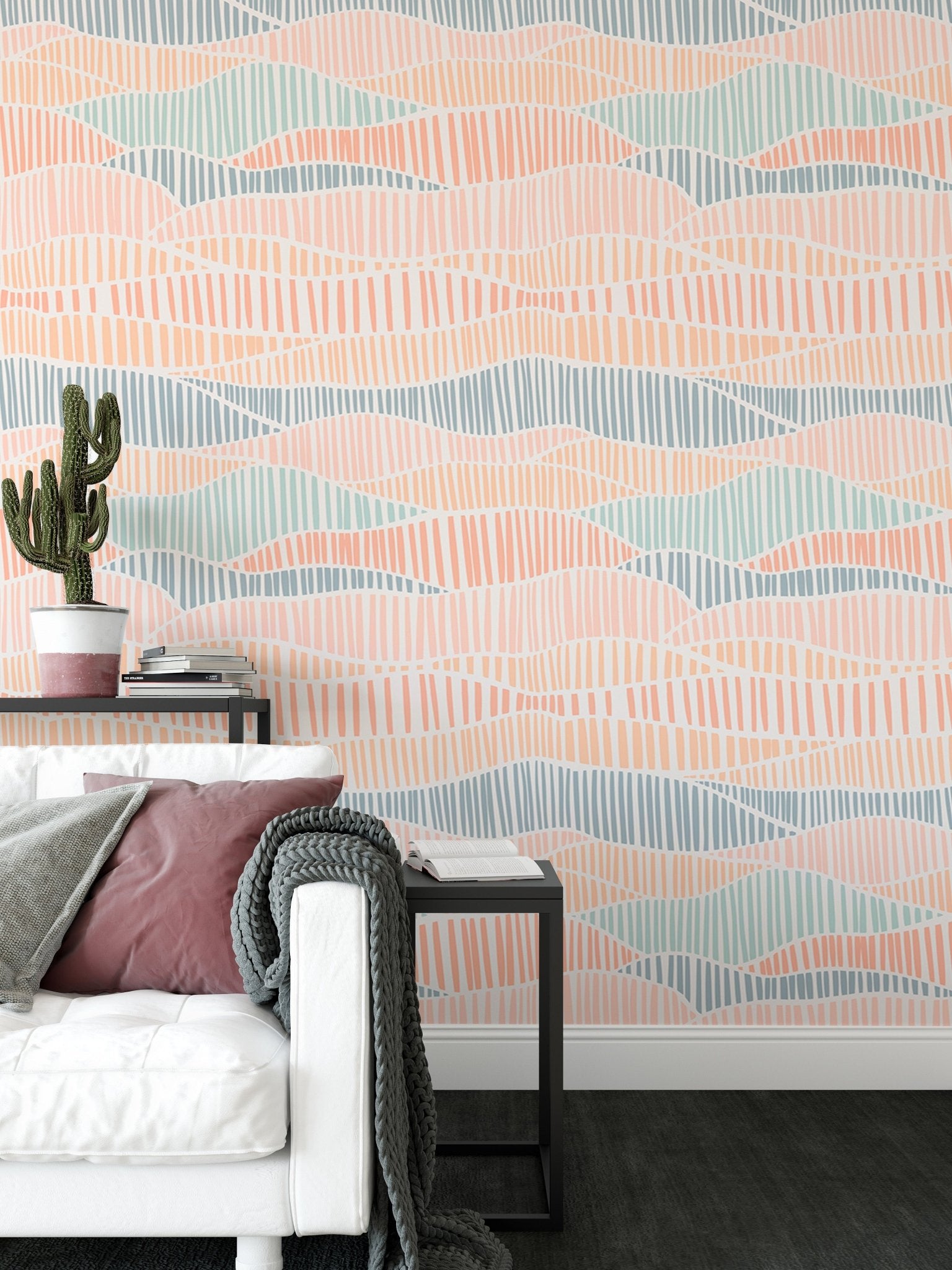 Textured boho wallpaper with wavy patterns in a contemporary living space.