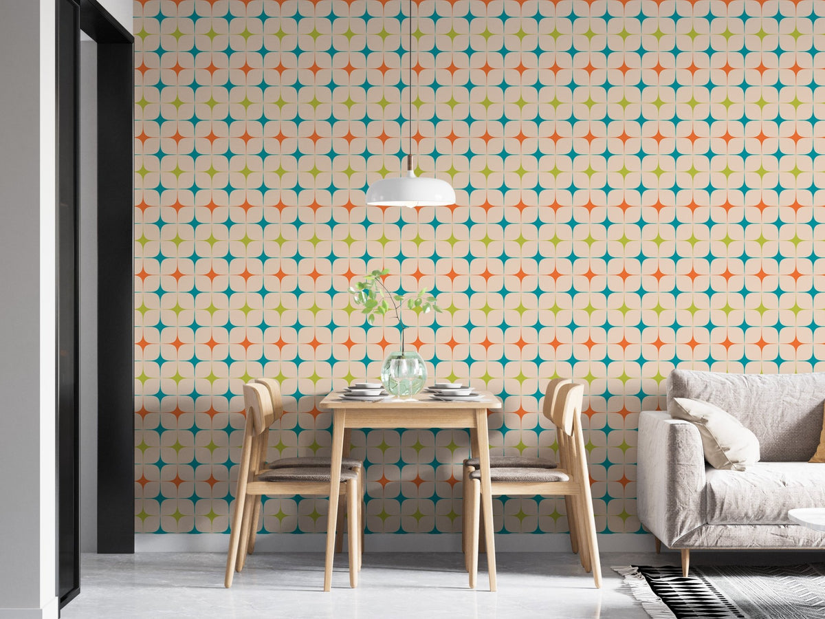 Dining space with Aesthetic Modern Seamless Pattern Vintage Wall mural and light wood furniture.