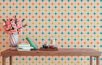 Aesthetic Modern Seamless Pattern Vintage Wall mural behind wooden table with pink flowers.