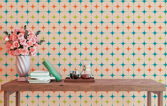 Aesthetic Modern Seamless Pattern Vintage Wall mural behind wooden table with pink flowers.
