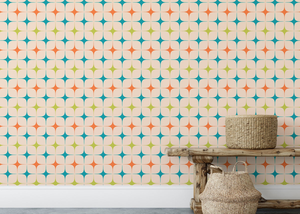 Low angle view of star patterned wall mural in a room with a woven basket.