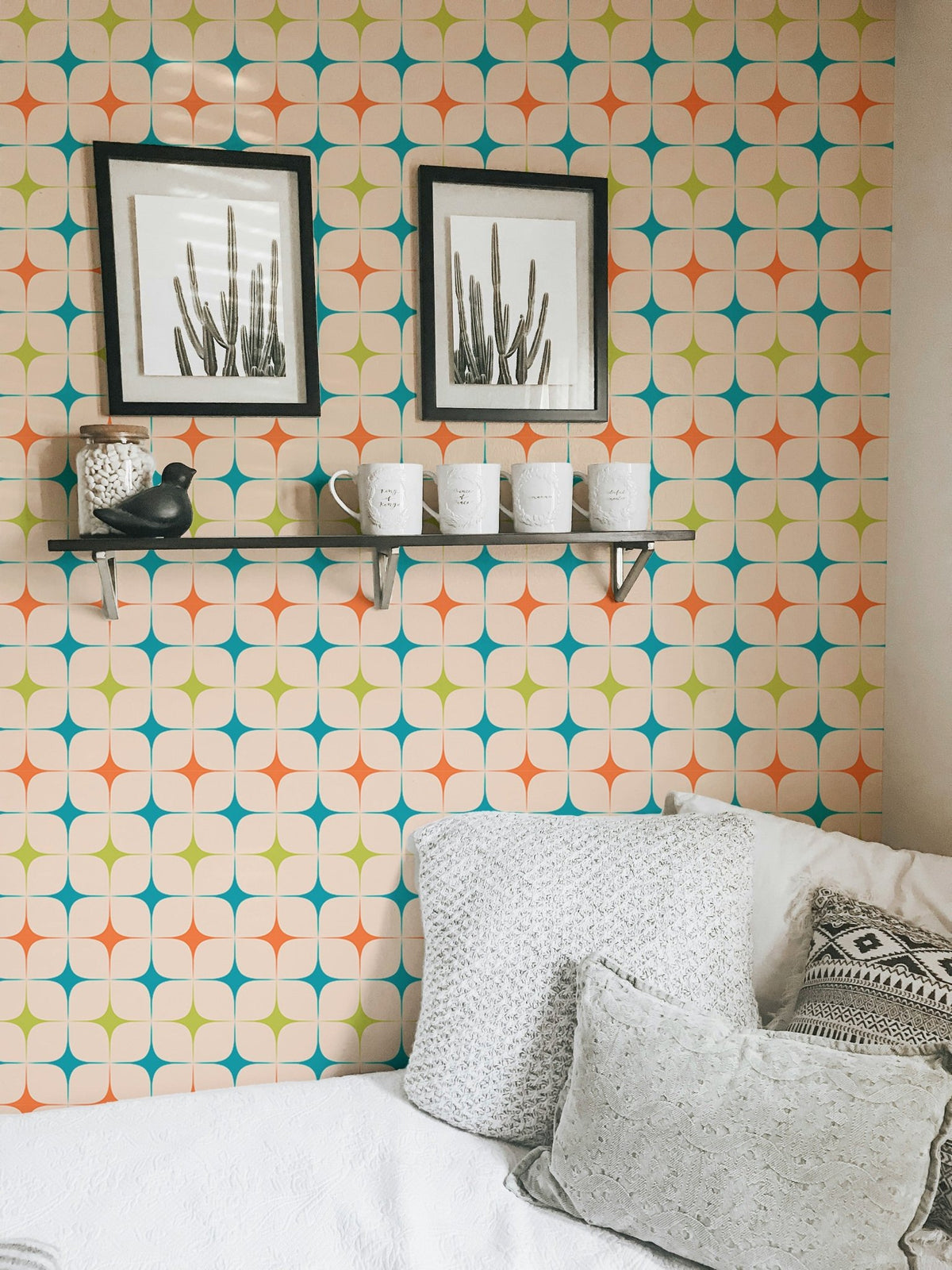 Aesthetic Modern Seamless Pattern Vintage Wall mural in a living area with black frames on a shelf.