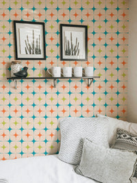 Aesthetic Modern Seamless Pattern Vintage Wall mural in a living area with black frames on a shelf.
