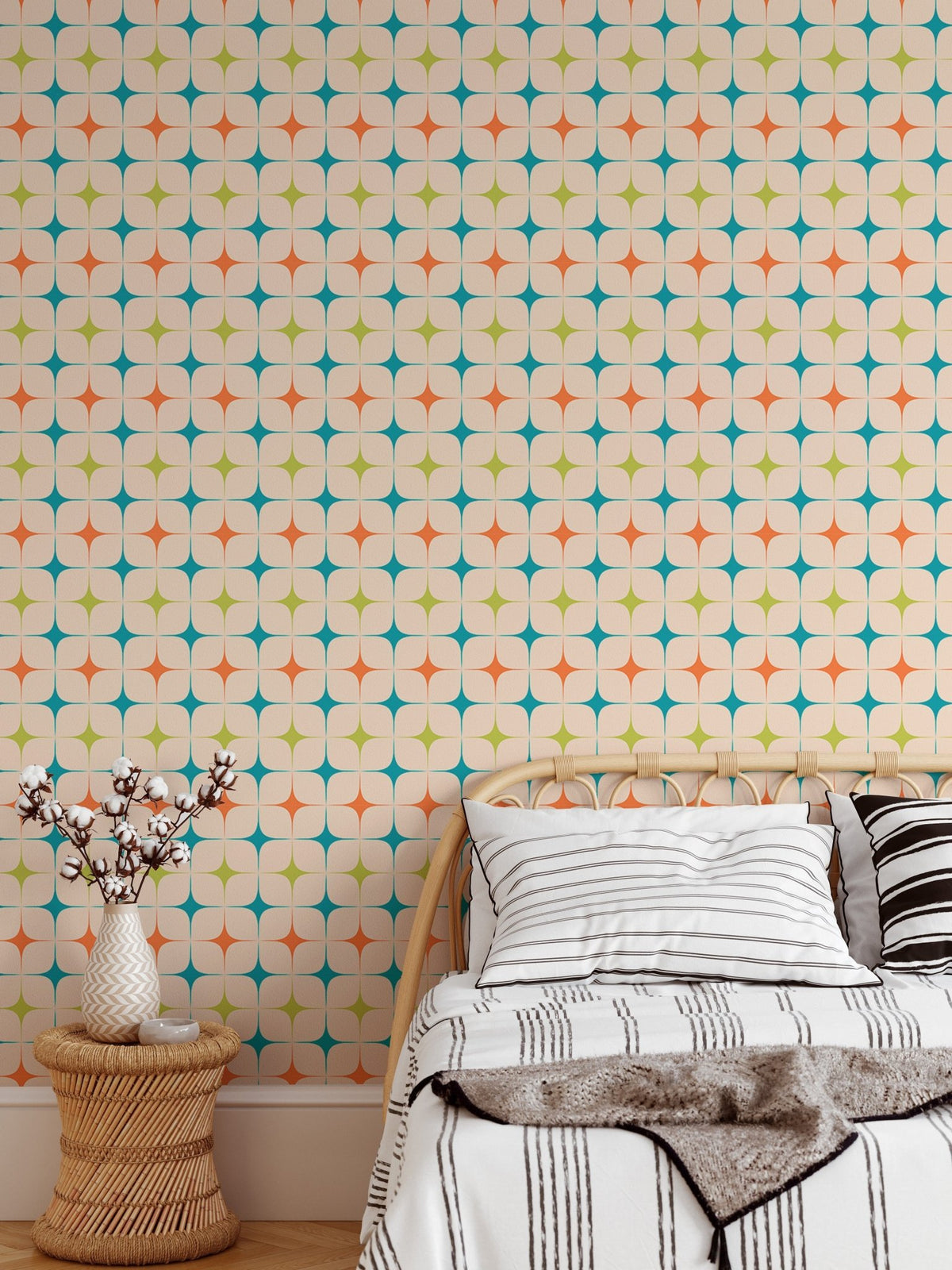 Aesthetic Modern Seamless Pattern Vintage Wall mural in a bedroom with a side table and vase.