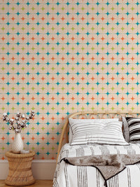 Aesthetic Modern Seamless Pattern Vintage Wall mural in a bedroom with a side table and vase.