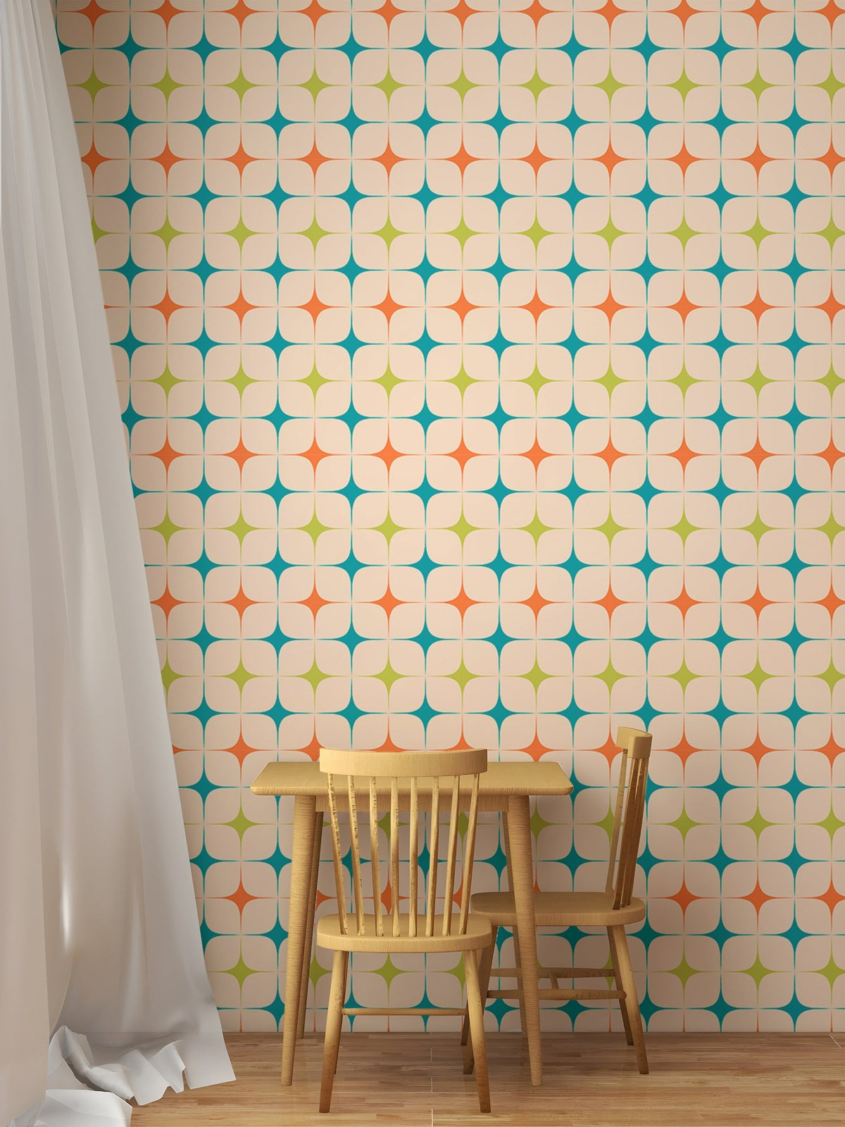Minimalist kids play area featuring a multicolored star wall mural and wooden chair.