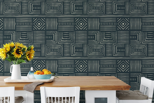 Green Africa Tribal Art Ethnic Geometric Wallpaper in a dining area with sunflowers.