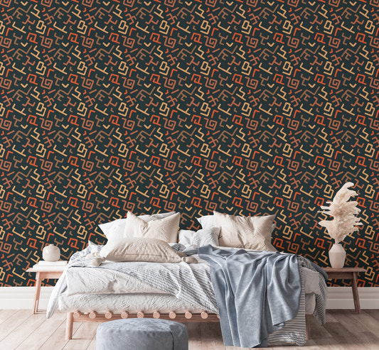 Bedroom wall with Africa Tribal Art Pattern Geometric Wallpaper behind bed.