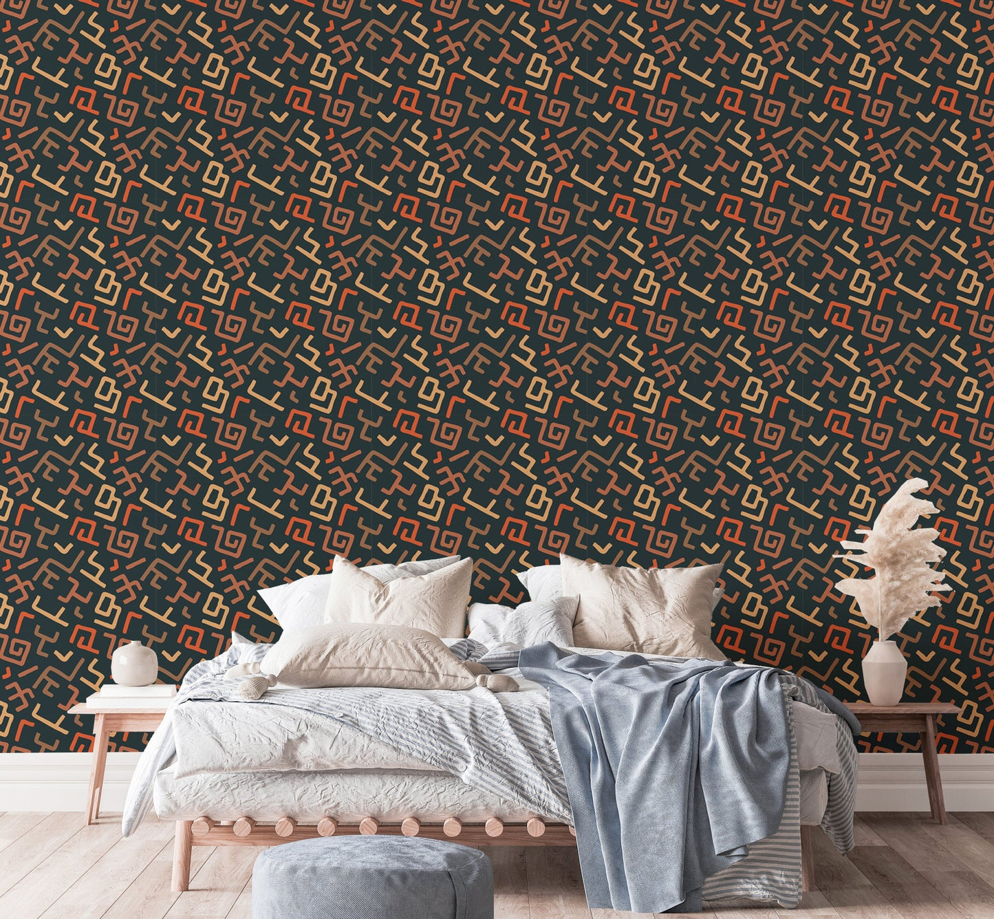 Bedroom wall with Africa Tribal Art Pattern Geometric Wallpaper behind bed.