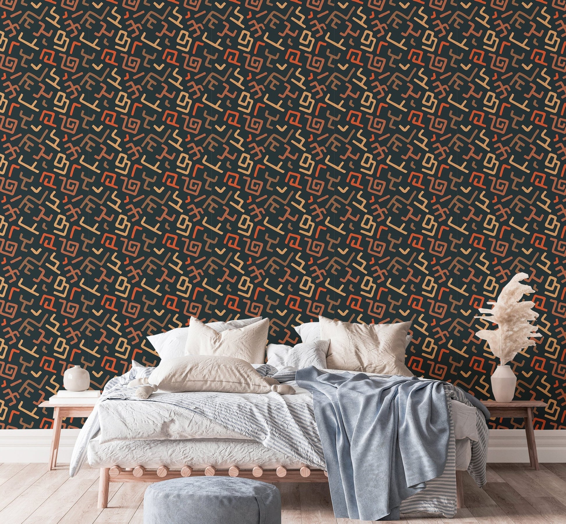 Bedroom wall with Africa Tribal Art Pattern Geometric Wallpaper behind bed.