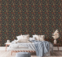 Bedroom wall with Africa Tribal Art Pattern Geometric Wallpaper behind bed.