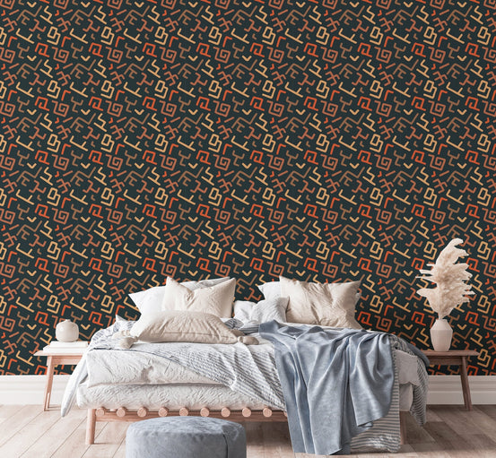 Bedroom wall with Africa Tribal Art Pattern Geometric Wallpaper behind bed.