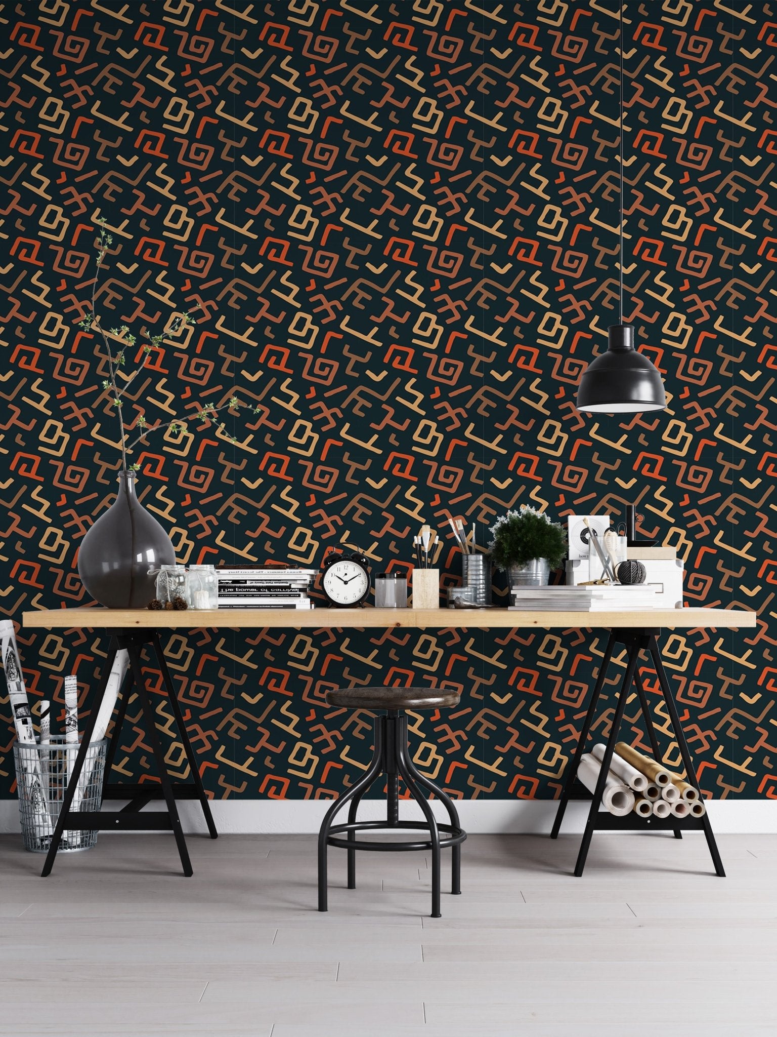 Professional workspace with Africa Tribal Art Pattern Geometric Wallpaper and desk.