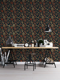 Professional workspace with Africa Tribal Art Pattern Geometric Wallpaper and desk.