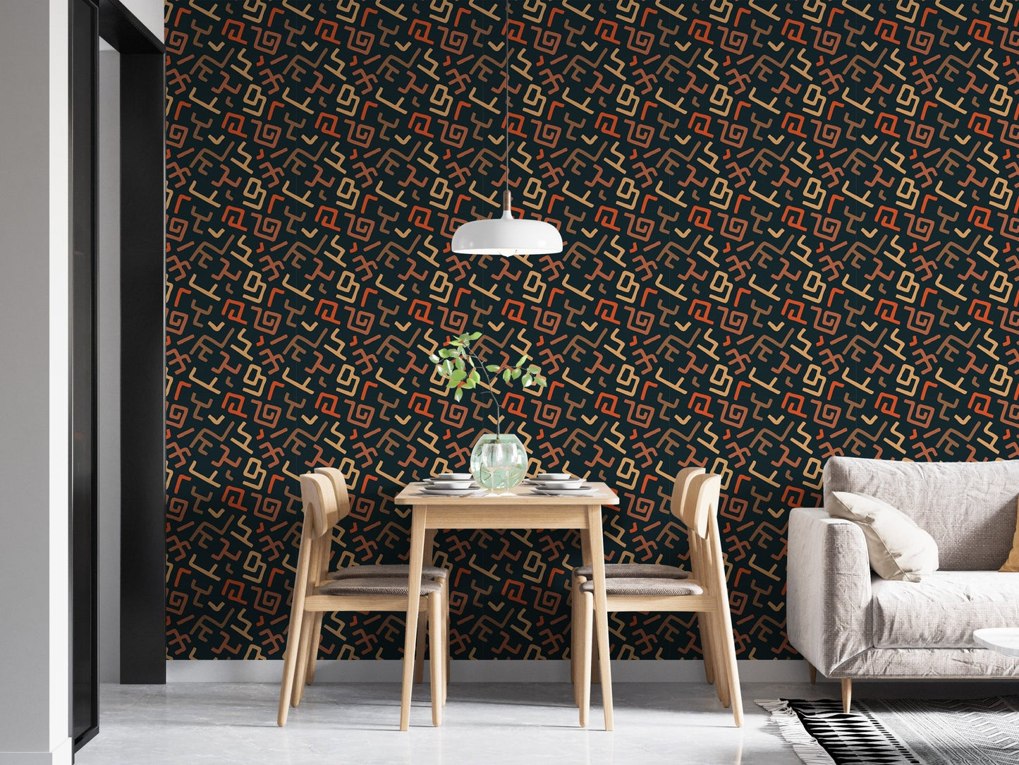 Modern dining room with dark patterned wallpaper and minimalist furniture.