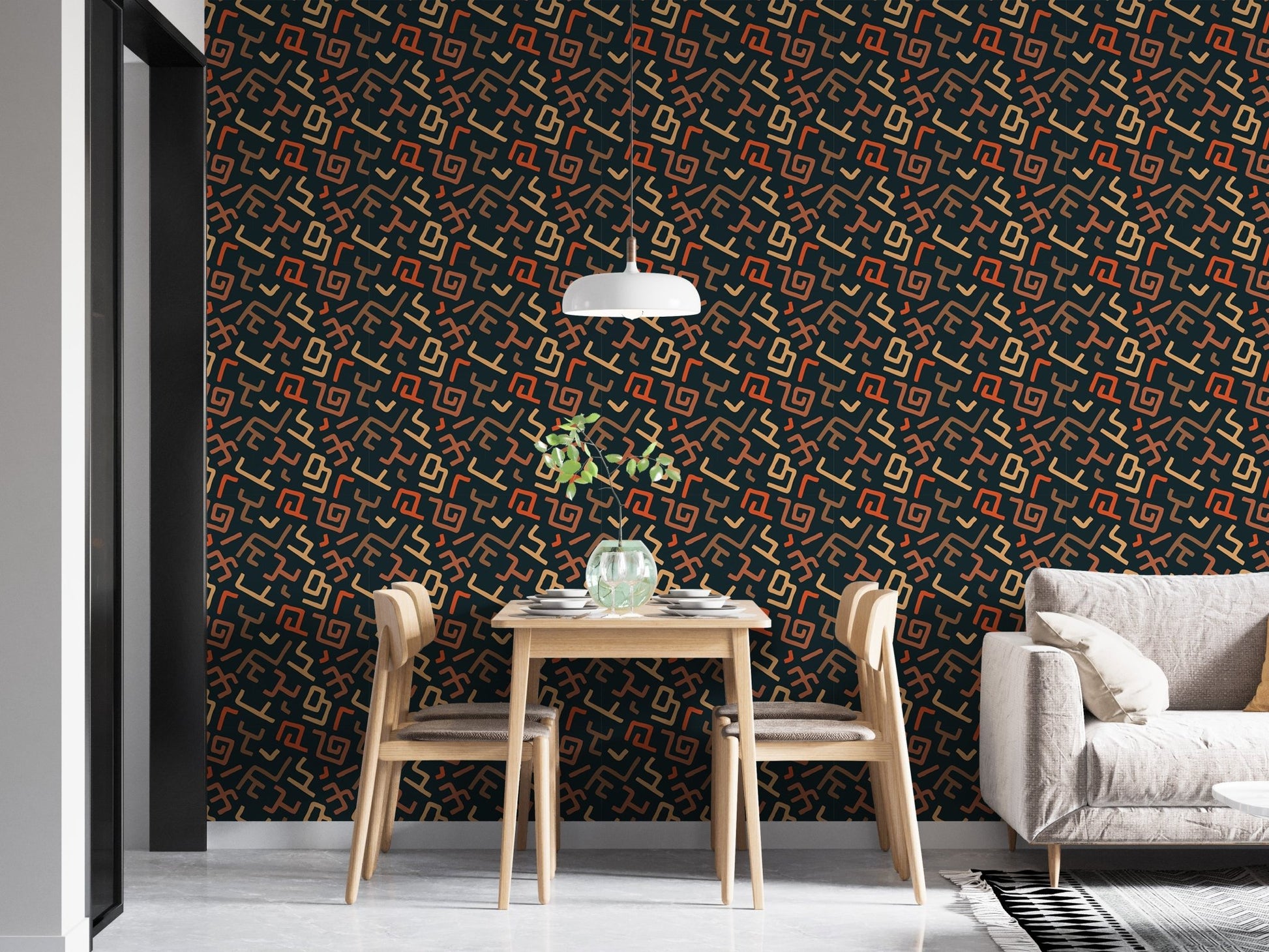 Modern dining room with dark patterned wallpaper and minimalist furniture.