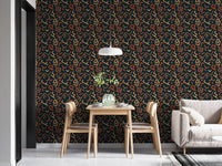 Modern dining room with dark patterned wallpaper and minimalist furniture.