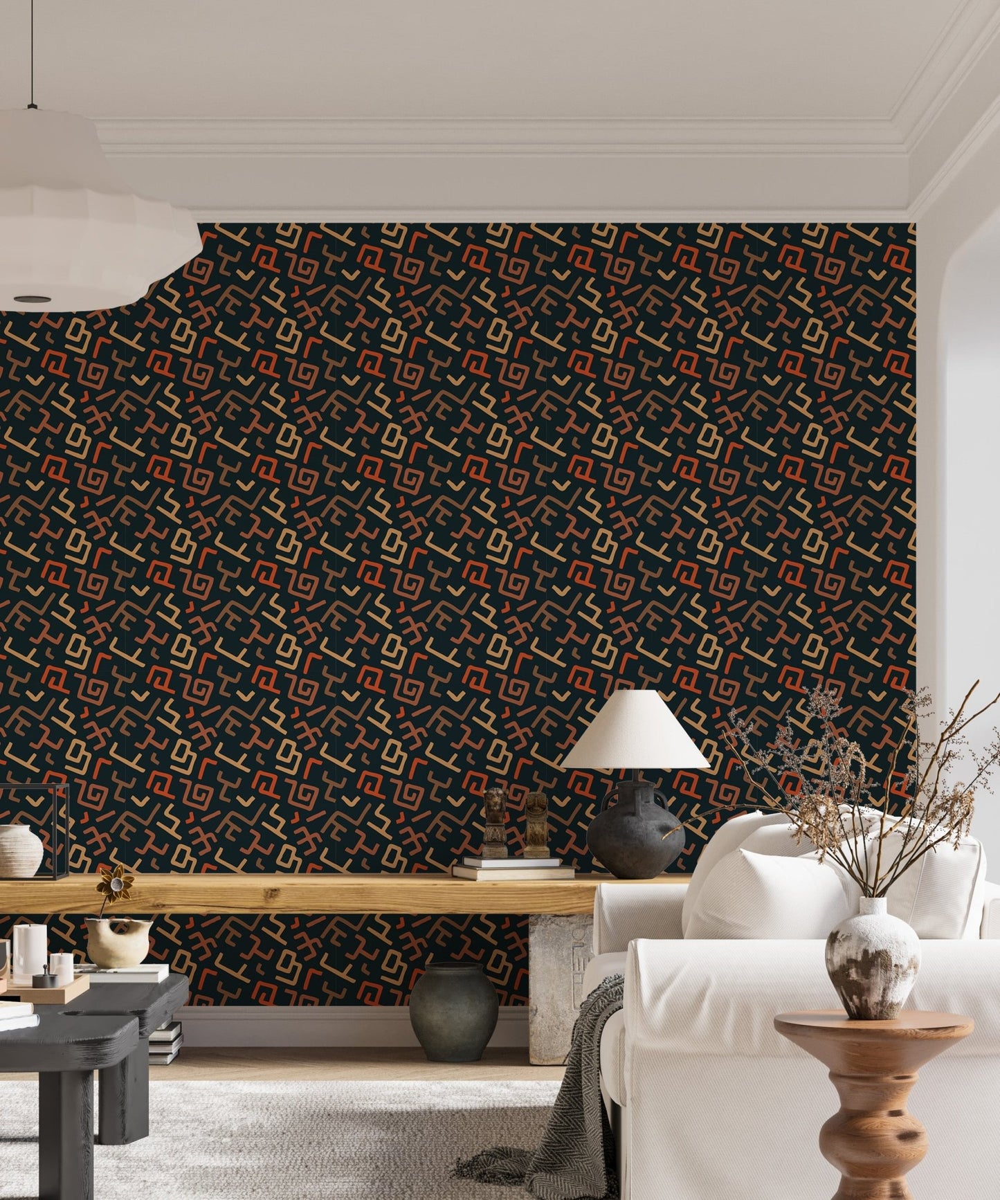 Bright living space featuring dark geometric wallpaper and wooden accents.