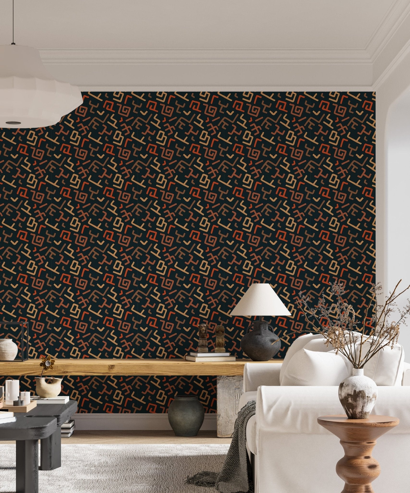 Bright living space featuring dark geometric wallpaper and wooden accents.