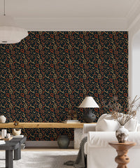 Bright living space featuring dark geometric wallpaper and wooden accents.