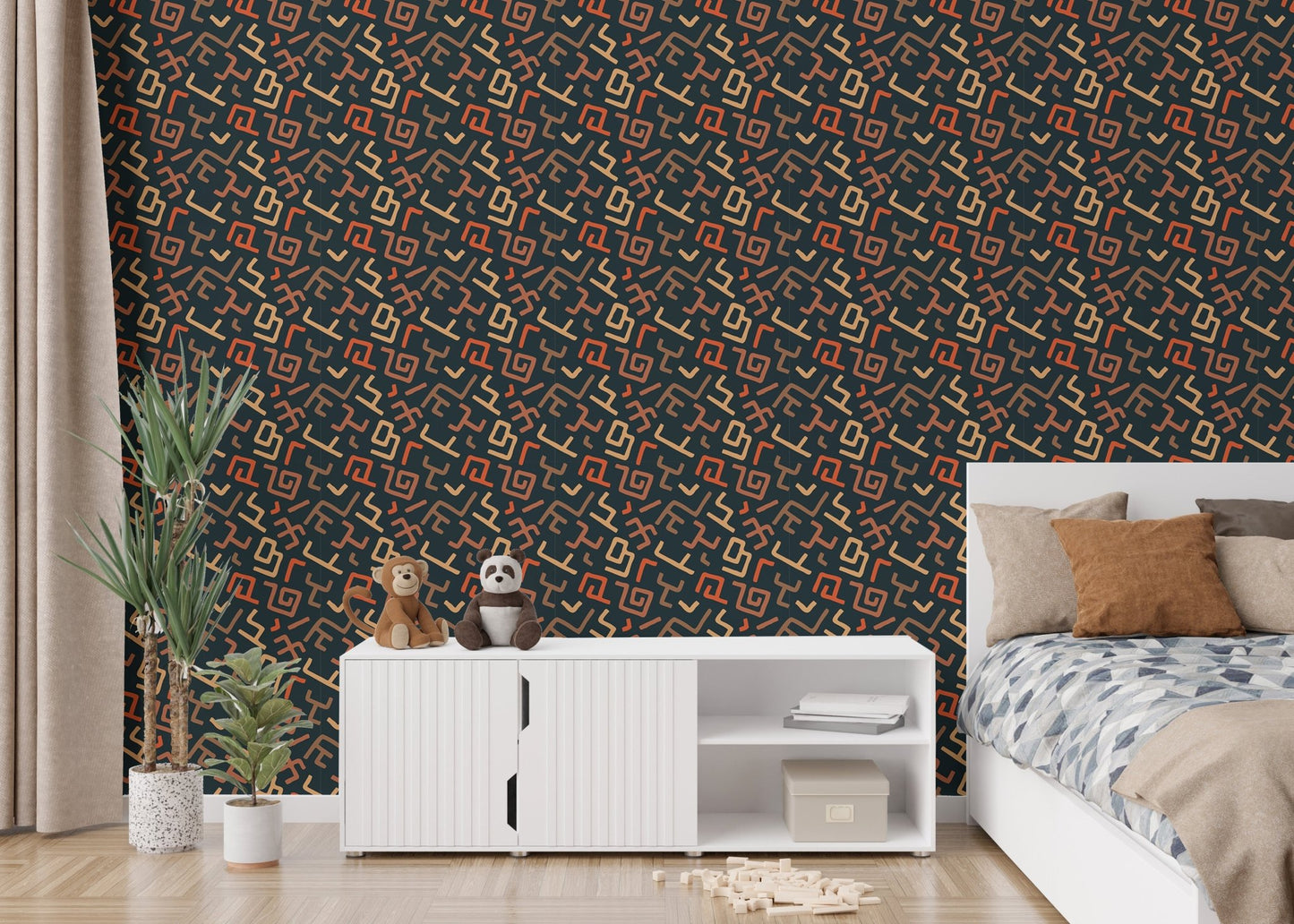 Minimalist media unit in front of Africa Tribal Art Pattern Geometric Wallpaper.