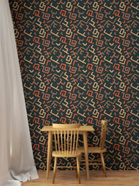 Small dining area featuring earth-toned tribal wallpaper and wooden chairs.