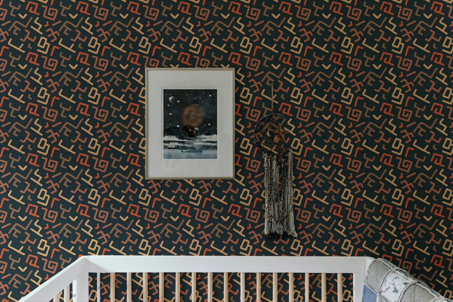 Framed art displayed on Africa Tribal Art Pattern Geometric Wallpaper in kids room.