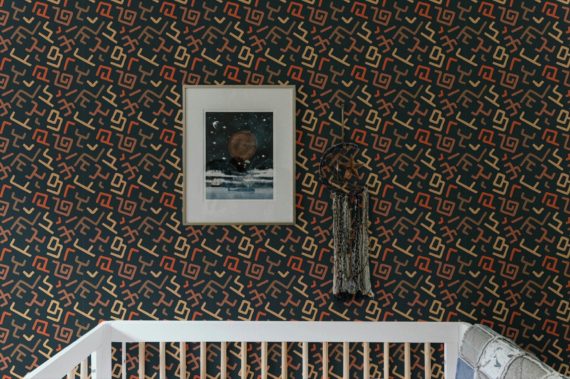 Framed art displayed on Africa Tribal Art Pattern Geometric Wallpaper in kids room.