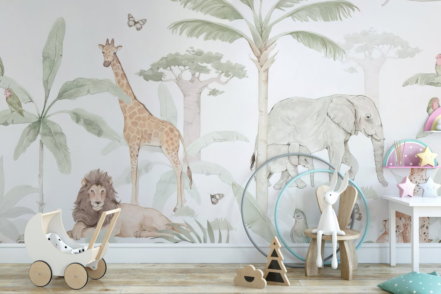 Detailed giraffe and lion watercolor art wall mural.
