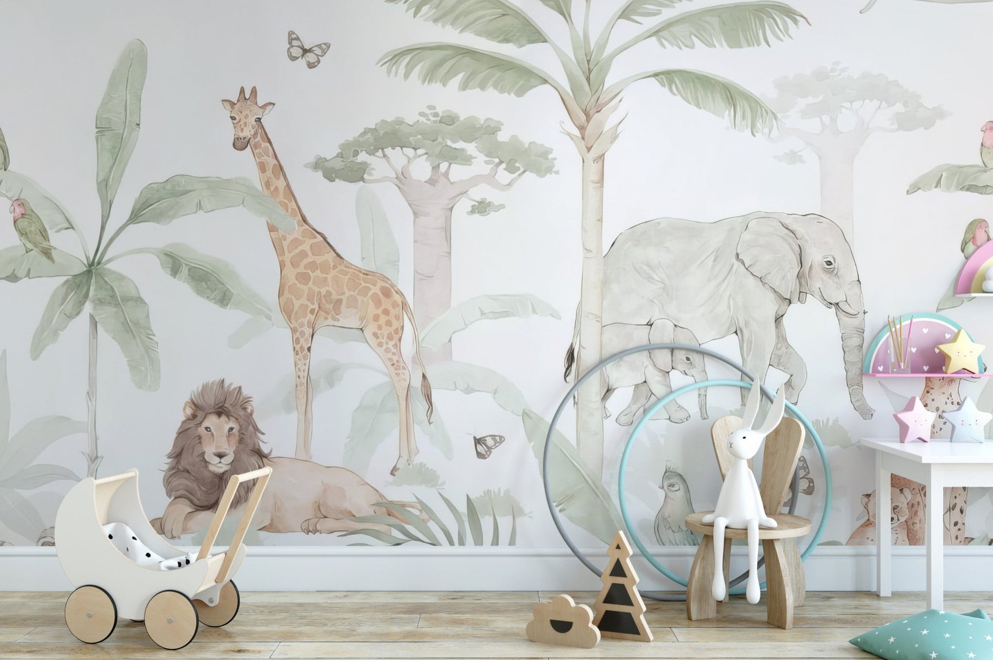 Detailed giraffe and lion watercolor art wall mural.