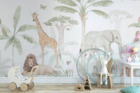 Detailed giraffe and lion watercolor art wall mural.