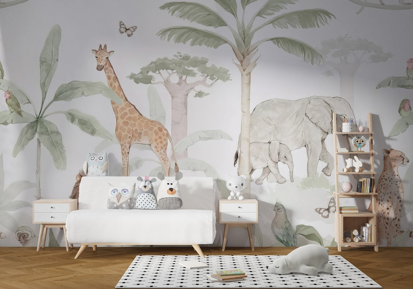 Tropical palm trees and african animals illustrated wallpaper.