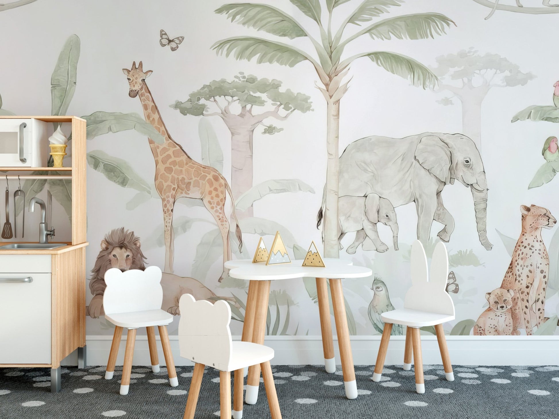 Artistic African animals scenery wall mural in sage green.
